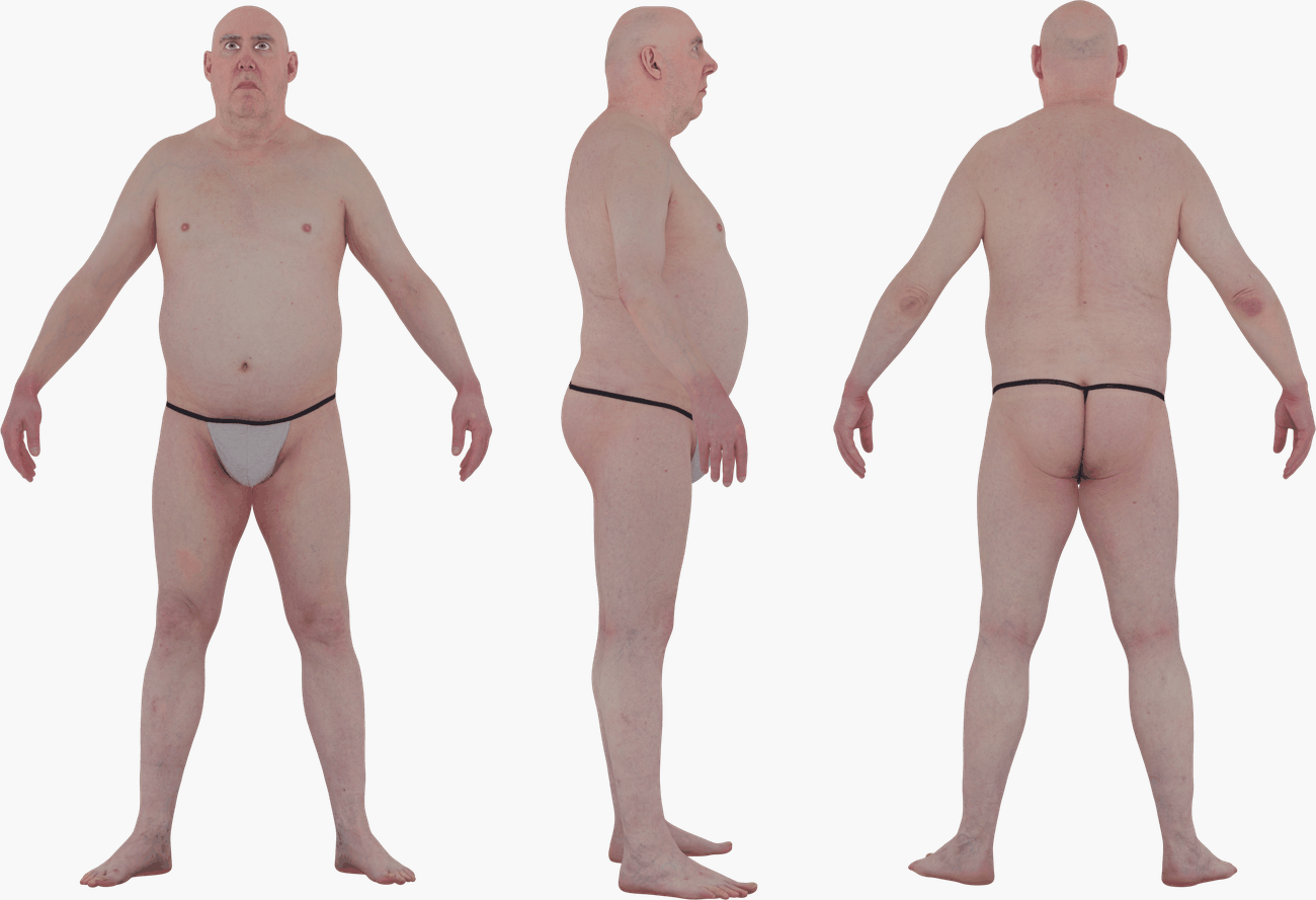 PBR texture map set for a heavy-set male 3D scan including Albedo, Normals, Specular and Metalness maps